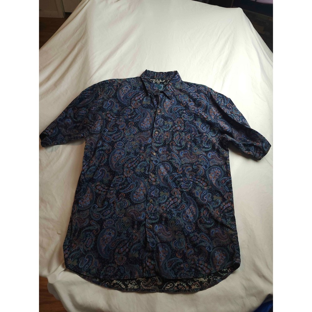 Shah Safari Shirt Mens Size XL Blue Paisley Button Up Short Sleeve Casual Pocket